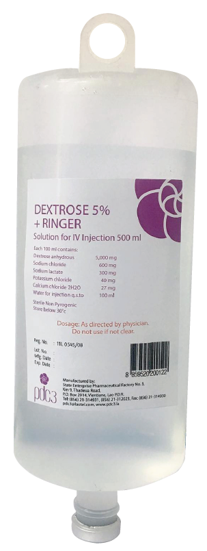                                                           (Dextrose 5% + Ringer 500ml )
ໃຊ້ສຳລັບຄົນເຈັບທີ່ຂາດນ້ຳ ແລະ ເກືອແຮ່ໃນຮ່າງກາຍ ຊ່ວຍໃຫ້ພະລັງງານ ແລະ ເກືອແຮ່ໃນກໍລະນີຖອກທ້ອງ ແລະ ໄຂ້ເລຶອດອອກ ໃຊ້ທົດແທນພະລັງງານ ແລະ ເກືອແຮ່ ກ່ອນ ແລະ ຫຼັງການຜ່າຕັດ.