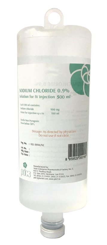                                                            (Sodium chloride 0.9% 500ml)
ໃຊ້ສຳລັບຄົນເຈັບທີ່ຂາດນ້ຳ ແລະ ເກືອແຮ່ໃນຮ່າງກາຍ ຊ່ວຍໃຫ້ພະລັງງານ ແລະ ເກືອແຮ່ໃນກໍລະນີຖອກທ້ອງ ແລະ ໄຂ້ເລຶອດອອກ ໃຊ້ທົດແທນພະລັງງານ ແລະ ເກືອແຮ່ ກ່ອນ ແລະ ຫຼັງການຜ່າຕັດ.