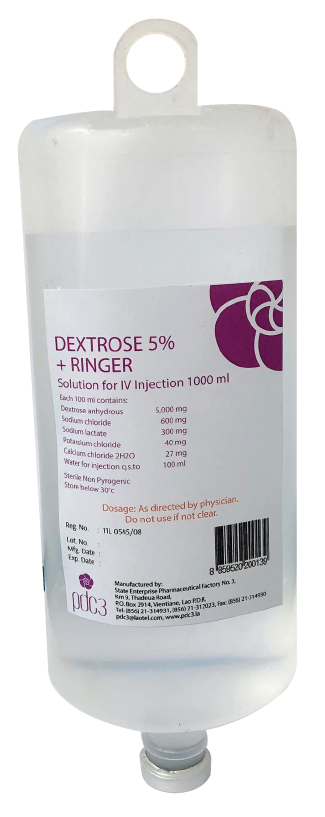                                                             (Dextrose 5% + Ringer 1000ml)
ໃຊ້ສຳລັບຄົນເຈັບທີ່ຂາດນ້ຳ ແລະ ເກືອແຮ່ໃນຮ່າງກາຍ ຊ່ວຍໃຫ້ພະລັງງານ ແລະ ເກືອແຮ່ໃນກໍລະນີຖອກທ້ອງ ແລະ ໄຂ້ເລຶອດອອກ ໃຊ້ທົດແທນພະລັງງານ ແລະ ເກືອແຮ່ ກ່ອນ ແລະ ຫຼັງການຜ່າຕັດ.