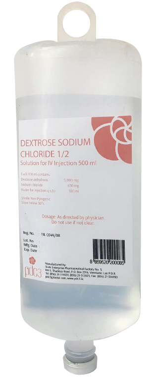                                                             (Dextrose5%+ Sodium Chloride 0.45% 500ml)
ໃຊ້ສຳລັບຄົນເຈັບທີ່ຂາດນ້ຳ ແລະ ທາດນ້ຳຕານໃນຮ່າງກາຍ ໃຊ້ທົດແທນພະລັງງານ ແລະ ເກືອແຮ່ ກ່ອນ ແລະ ຫຼັງການຜ່າຕັດ. 