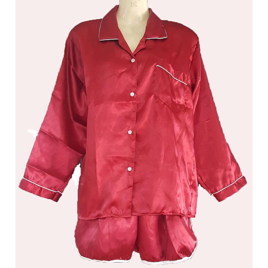 ชุดนอนเสื้อแขนยาว+กางเกงผ้าซาตินขาสั้น สีแดงเลือดหมู