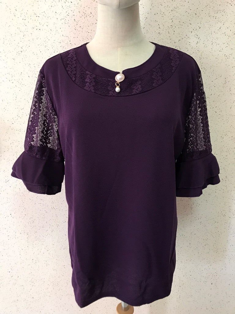 53698 เสื้อแฟชั่นแขนลูกไม้แต่งระบายสีม่วง