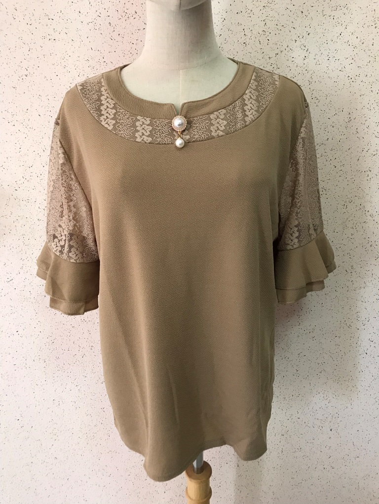 53808 เสื้อแฟชั่นแขนลูกไม้แต่งระบายสีน้ำตาลอ่อน