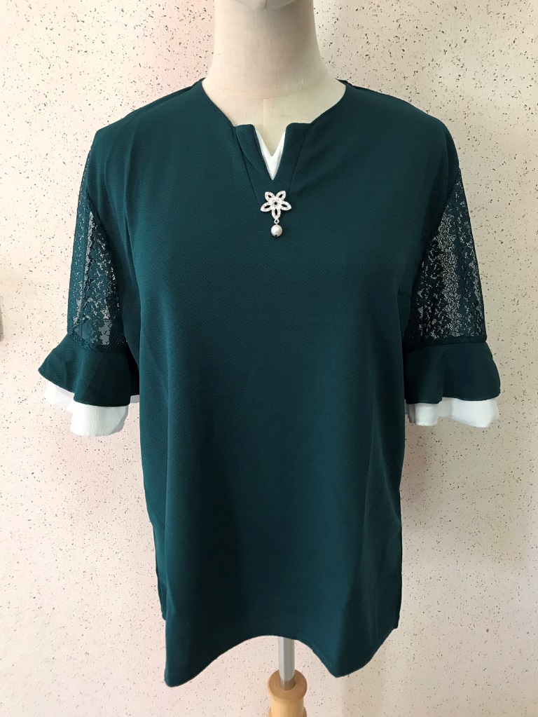 53697 เสื้อแฟชั่นแขนลูกไม้แต่งระบายสีเขียว
