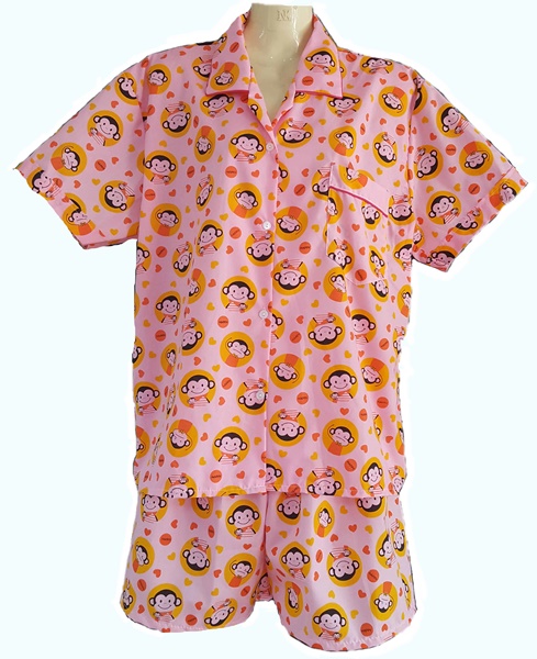 ชุดนอนเสื้อ+กางเกงลายลิง สีชมพู