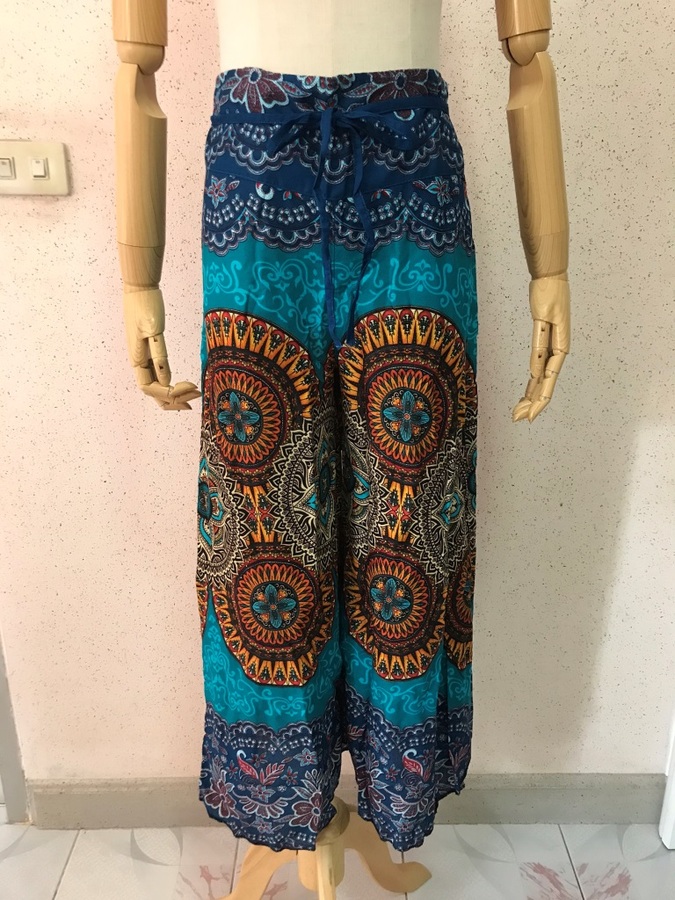 93275 กางเกงขาบานลายยิปซีสีเขียว