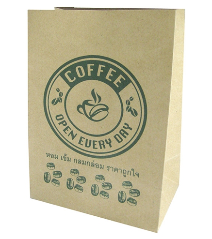 ถุงกาแฟพิมพ์ลาย Open Every Day  (Coffee Bag)
13x8x18.5cm.
จำนวนบรรจุต่อแพ็ค : 100 ใบ
รายละเอียดสินค้า : กระดาษคราฟท์ 125 แกรม, พิมพ์ 1 สี, ไม่มีหูหิ้ว, ผลิตจากกระดาษรีไซเคิล ใช้บรรจุถุงเครื่องดื่มทั่วไป
