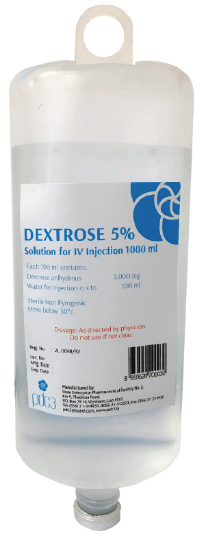                                                             (Dextrose 5% 100ml)
ໃຊ້ສຳລັບຄົນເຈັບທີ່ຂາດນ້ຳ ແລະ ທາດນ້ຳຕານໃນຮ່າງກາຍ ໃຊ້ທົດແທນພະລັງງານ ແລະ ເກືອແຮ່ ກ່ອນ ແລະ ຫຼັງການຜ່າຕັດ. 