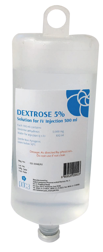                                                             (Dextrose 5% 100ml)
ໃຊ້ສຳລັບຄົນເຈັບທີ່ຂາດນ້ຳ ແລະ ທາດນ້ຳຕານໃນຮ່າງກາຍ ໃຊ້ທົດແທນພະລັງງານ ແລະ ເກືອແຮ່ ກ່ອນ ແລະ ຫຼັງການຜ່າຕັດ. 