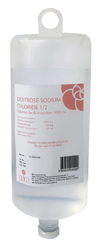                                                            (Dextrose5%+ Sodium Chloride 0.45% 1000ml )
ໃຊ້ສຳລັບຄົນເຈັບທີ່ຂາດນ້ຳ ແລະ ທາດນ້ຳຕານໃນຮ່າງກາຍ ໃຊ້ທົດແທນພະລັງງານ ແລະ ເກືອແຮ່ ກ່ອນ ແລະ ຫຼັງການຜ່າຕັດ.