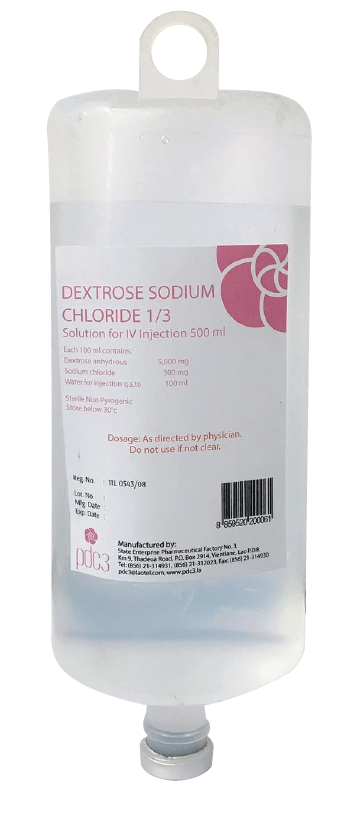                                                             (Dextrose5%+ Sdium Chloride 0.30% 500ml)
ໃຊ້ສຳລັບຄົນເຈັບທີ່ຂາດນ້ຳ ແລະ ທາດນ້ຳຕານໃນຮ່າງກາຍ ໃຊ້ທົດແທນພະລັງງານ ແລະ ເກືອແຮ່ ກ່ອນ ແລະ ຫຼັງການຜ່າຕັດ. )