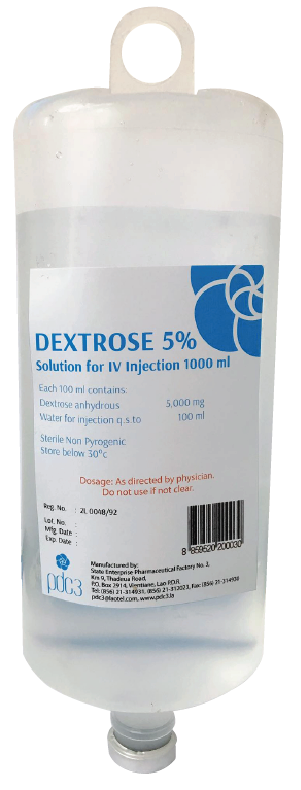                                                             (Dextrose 5% 100ml)
ໃຊ້ສຳລັບຄົນເຈັບທີ່ຂາດນ້ຳ ແລະ ທາດນ້ຳຕານໃນຮ່າງກາຍ ໃຊ້ທົດແທນພະລັງງານ ແລະ ເກືອແຮ່ ກ່ອນ ແລະ ຫຼັງການຜ່າຕັດ.