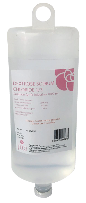                                                              (Dextrose5%+ Sdium Chloride 0.30% 1000ml )
ໃຊ້ສຳລັບຄົນເຈັບທີ່ຂາດນ້ຳ ແລະ ທາດນ້ຳຕານໃນຮ່າງກາຍ ໃຊ້ທົດແທນພະລັງງານ ແລະ ເກືອແຮ່ ກ່ອນ ແລະ ຫຼັງການຜ່າຕັດ.