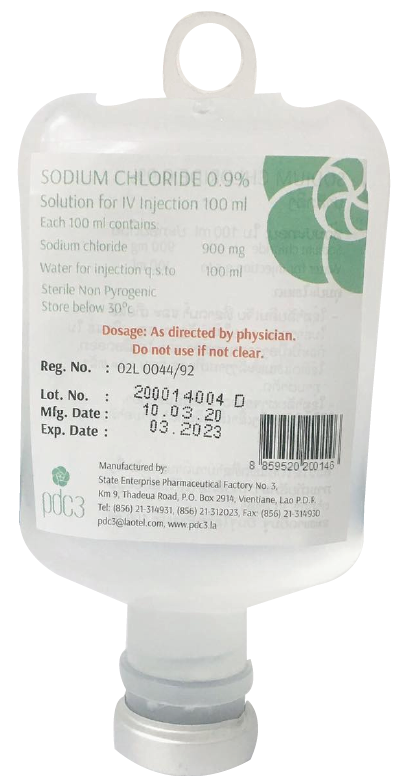                                                            (Sodium chloride 0.9% 100ml)
ໃຊ້ສຳລັບຄົນເຈັບທີ່ຂາດນ້ຳ ແລະ ເກືອແຮ່ໃນຮ່າງກາຍ ຊ່ວຍໃຫ້ພະລັງງານ ແລະ ເກືອແຮ່ໃນກໍລະນີຖອກທ້ອງ ແລະ ໄຂ້ເລຶອດອອກ ໃຊ້ທົດແທນພະລັງງານ ແລະ ເກືອແຮ່ ກ່ອນ ແລະ ຫຼັງການຜ່າຕັດ.