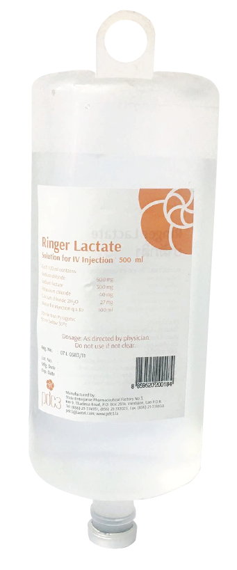                                                             .(Ringer Lactate 500ml)
ໃຊ້ສຳລັບຄົນເຈັບທີ່ຂາດນ້ຳ ແລະ ເກືອແຮ່ໃນຮ່າງກາຍ ຊ່ວຍໃຫ້ພະລັງງານ ແລະ ເກືອແຮ່ໃນກໍລະນີຖອກທ້ອງ ແລະ ໄຂ້ເລຶອດອອກ ໃຊ້ທົດແທນພະລັງງານ ແລະ ເກືອແຮ່ ກ່ອນ ແລະ ຫຼັງການຜ່າຕັດ