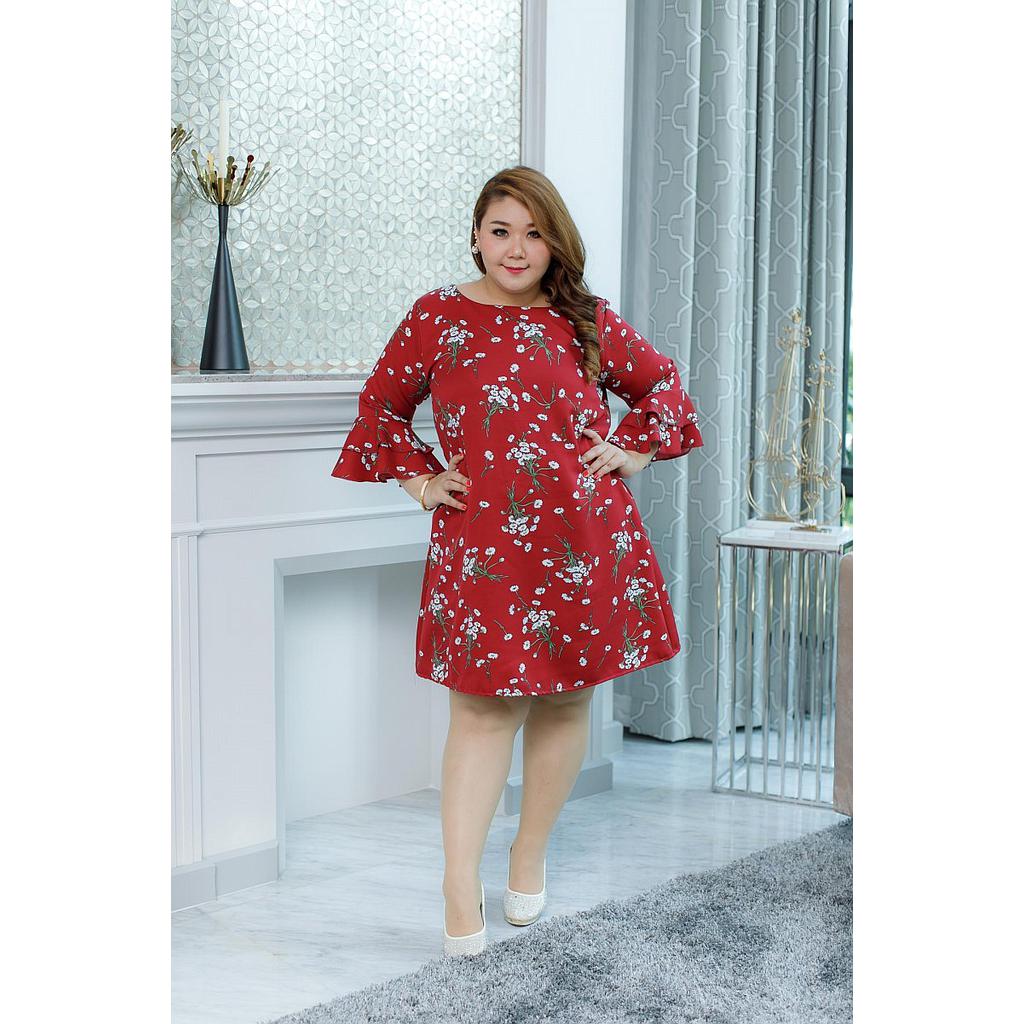 เดรสผ้าโฟวเวย์ลายดอกไม้แขนระบายสีแดง  90128
