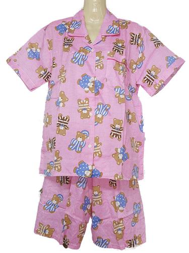 ชุดนอนเสื้อ+กางเกงคอปกลายตุ๊กตาหมี สีชมพู