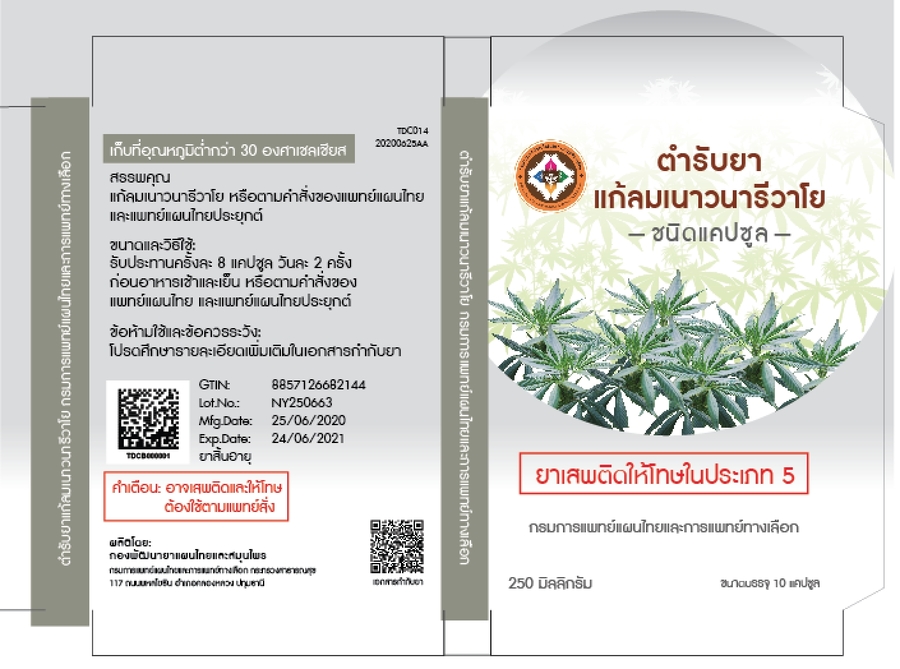 ตำรับเนาวนารีวาโย ขนาดบรรจุแผงละ 10 แคปซูล (ใน 1 แคปซูลประกอบด้วยผงยา 250 มิลลิกรัม)