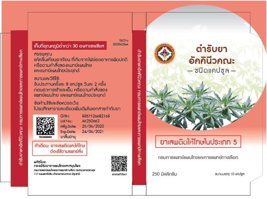 ตำรับยาอัคคินีวคณะ ขนาดบรรจุแผงละ 10 แคปซูล (ใน 1 แคปซูล ประกอบด้วยผงยา 250 มิลลิกรัม)
