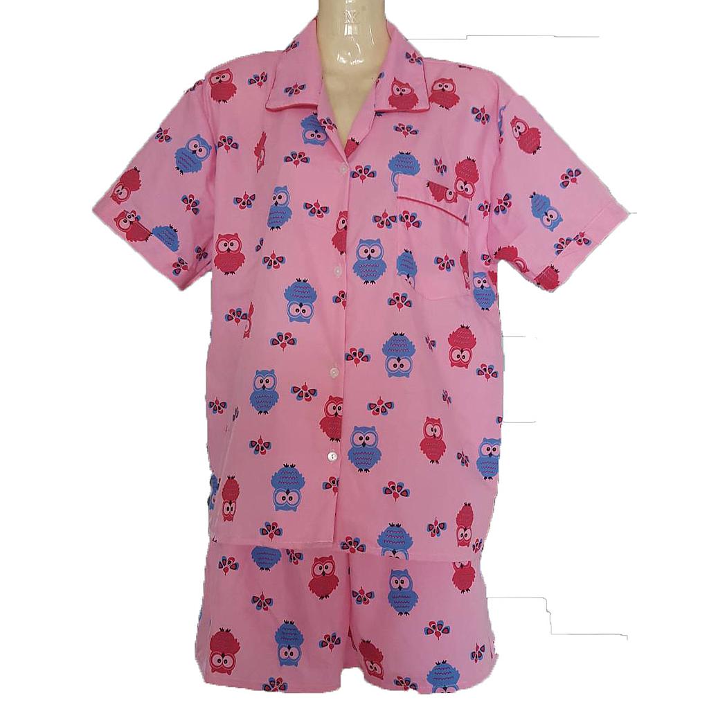 ชุดนอนเสื้อ+กางเกงขาสั้นลายนกฮูก สีชมพู