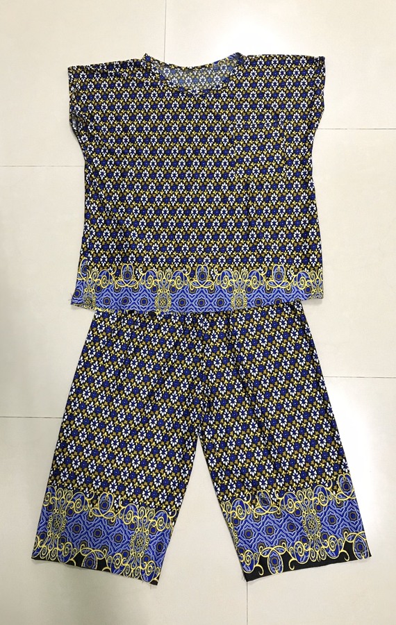 ชุดเสื้อ+กางเกงลำลองลายล้านนาสีน้ำเงิน