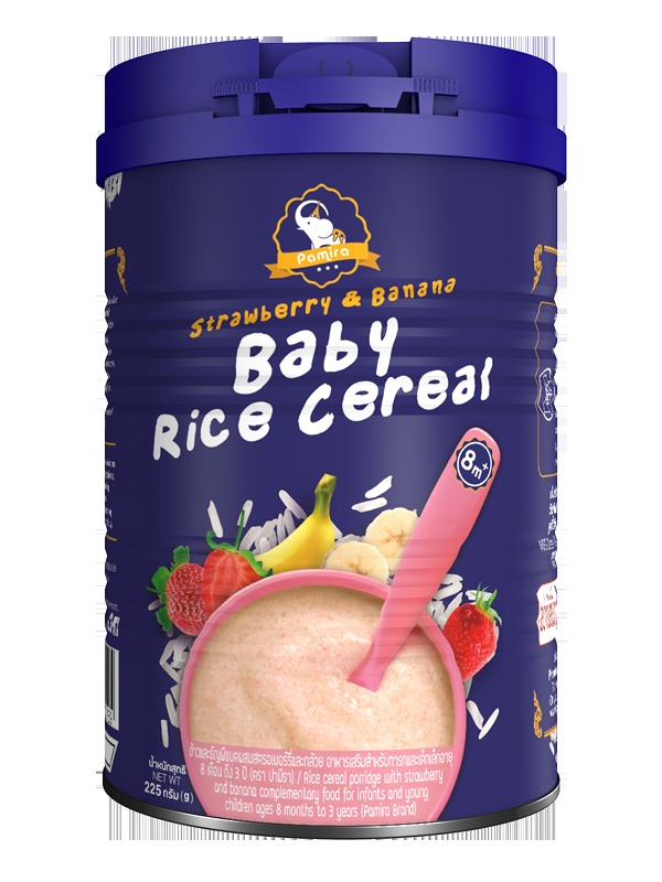 ข้าวและธัญพืชบดผสมสตรอเบอร์รี่และกล้วย อาหารเสริมสำหรับทารกและเด็กเล็กอายุ 8 เดือน ถึง 3 ปี (ตรา ปามิรา)