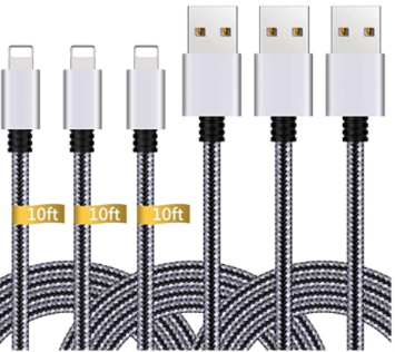สายชาร์จโทรศัพท์มือถือ iPhone สายไนลอน ยาว 10 ฟุต บรรจุ 3 ชิ้น