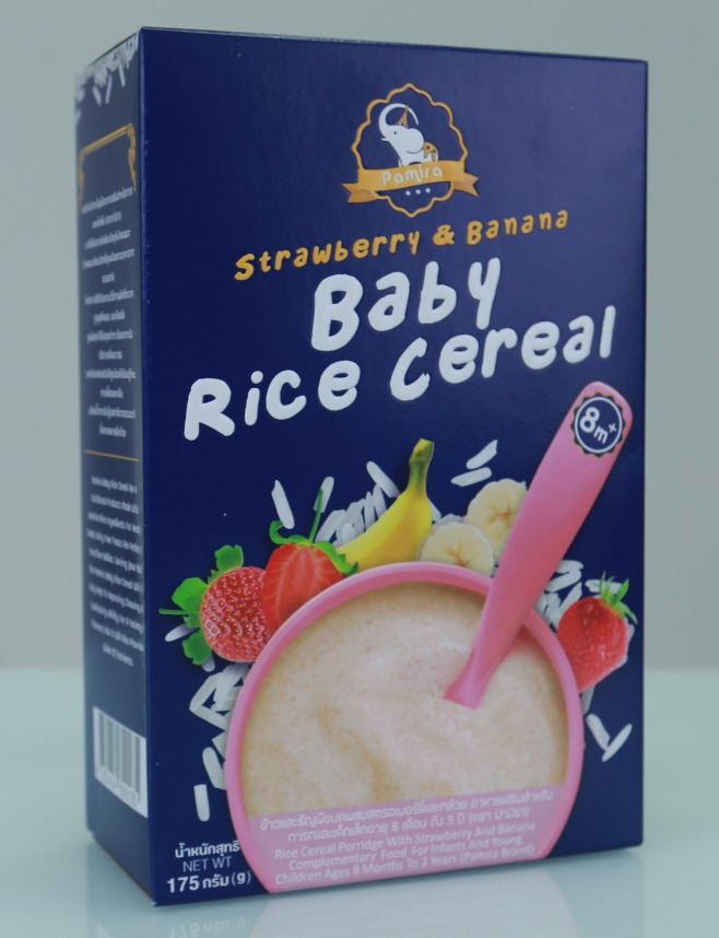 ข้าวและธัญพืชบดผสมสตรอเบอร์รี่และกล้วย อาหารเสริมสำหรับทารกและเด็กเล็กอายุ 8 เดือน ถึง 3 ปี (ตรา ปามิรา)