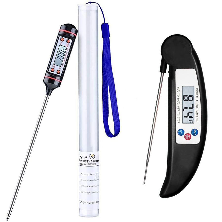 Meat Thermometer (2 Packs Black) | Food Thermometer | Instant Digital LCD Temperature Cooking Probe | Food Probe Perfect For Meat Chicken BBQ Candy Water | 1 Long + 1 Foldable Probe | AceRepubliK