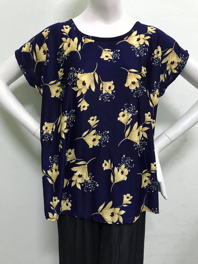 เสื้อแฟชั่นคอกลมสีน้ำเงินลายลิลลี่ทอง