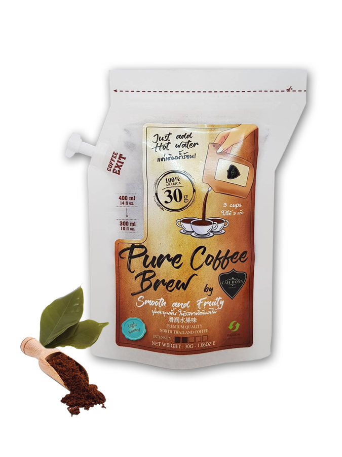 “PURE COFFEE BREW” กาแฟสดบดอาราบิก้า 100% ถุงซอง 30g  คั่วอ่อน (ชงได้ 3แก้ว/ถุง)
