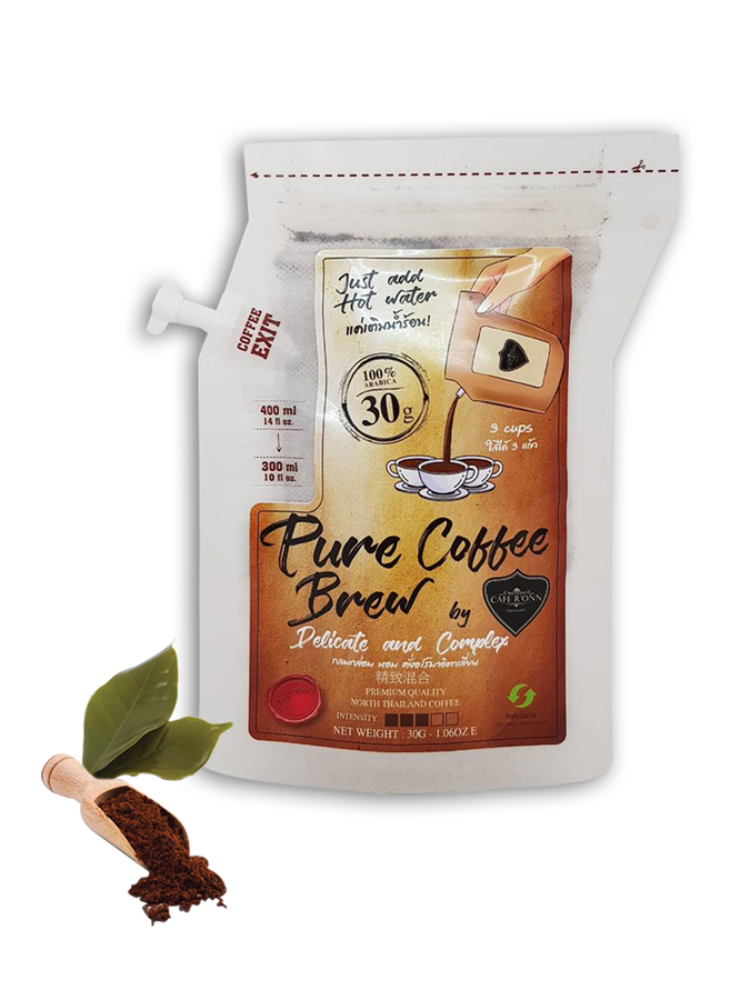 “PURE COFFEE BREW” กาแฟสดบด อาราบิก้า 100% ถุงซอง 30g  คั่วกลาง (ชงได้ 3แก้ว/ถุง)
