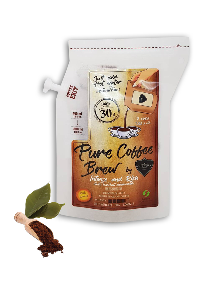 “PURE COFFEE BREW” กาแฟสดบด อาราบิก้า 100% ถุงซอง 30g  คั่วเข้ม (ชงได้ 3แก้ว/ถุง)
