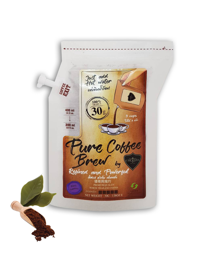 “PURE COFFEE BREW” กาแฟสดบด อาราบิก้า 100% ถุงซอง 30g  คั่วดำ (ชงได้ 3แก้ว/ถุง)
