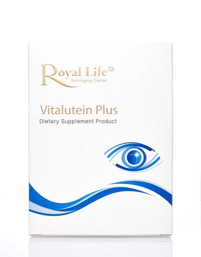 Royal Vitalutein Plus  TABLET (30's) ส่วนประกอบใน 1 เม็ด 
ลูทีน 10% (จากอเมริกา) 20 มก., สารสกัดจากบิลเบอร์รี่ (จากอิตาลี) 150 มก., ผงแครนเบอร์รี่ (จากอเมริกา) 110 มก., เบต้า-แคโรทีน (จากเยอรมัน) 80 มก., สารสกัดจากเก๋ากี้ (จากอเมริกา) 70 มก., Lycopene 10% (Singapore) 60 มก., ผงแครนเบอร์รี่ (จากอเมริกา) 60 มก., สารสกัดจากเมล็ดองุ่น (จากเยอรมัน) 30 มก. และวิตามินรวมหลากหลายชนิด (วิตามิน E, B1, B2, B3, B5, B6, B12)
โดยใน 1 กล่องบรระจุ 30 ม็ด

