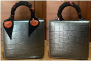 กระเป๋าถือหนังจระเข้ลิมิเต็ดเมทัลลิค พร้อมพันผ้าพันหู 
รุ่น MINI SQUARE F LIMITED METALLIC SILVER CROCO + SCORPIO TWILLY