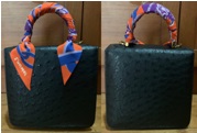 กระเป๋าถือหนังนกกระจอกเทศ พร้อมพันผ้าพันหู
รุ่น MINI SQUARE F BLACK OSTRICH + EGG-ORANGE TWILLY