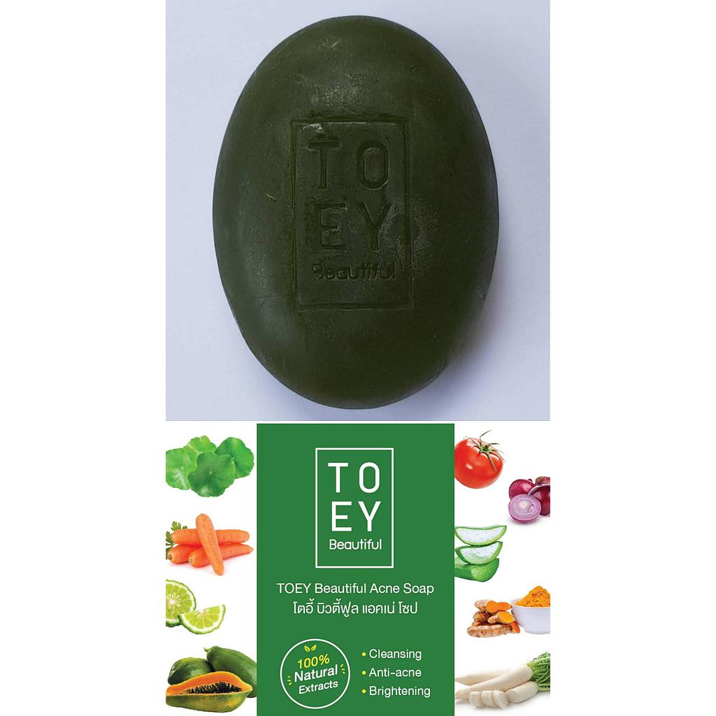 โตอี้ บิวตี้ฟูล แอคเน่ โซป
ด้วยสารสกัดจากสมุนไพร 9 ชนิด ธรรมชาติ 100% สูตรอ่อนโยนเหมาะกับทุกสภาพผิว ช่วยลดความมันบนใบหน้า ลดสิวและอาการอักเสบของสิว ลดรอยช้ำจากสิว ปรับสภาพผิวให้เรียบเนียน พร้อมการบำรุงผิวให้กระชับเต่งตึง ผลัดเซลล์ผิวที่หมองคล้ำและเสื่อมสภาพให้หลุดออก พร้อมเผยผิวใหม่ที่กระจ่างใสด้วยสารสกัดจากสมุนไพร 9 ชนิด ได้แก่ มะกรูด ใบบัวบก มะเขือเทศ หัวไชเท้า แครอท ขมิ้น ว่านหางจระเข้ มะละกอ และหัวหอม 
