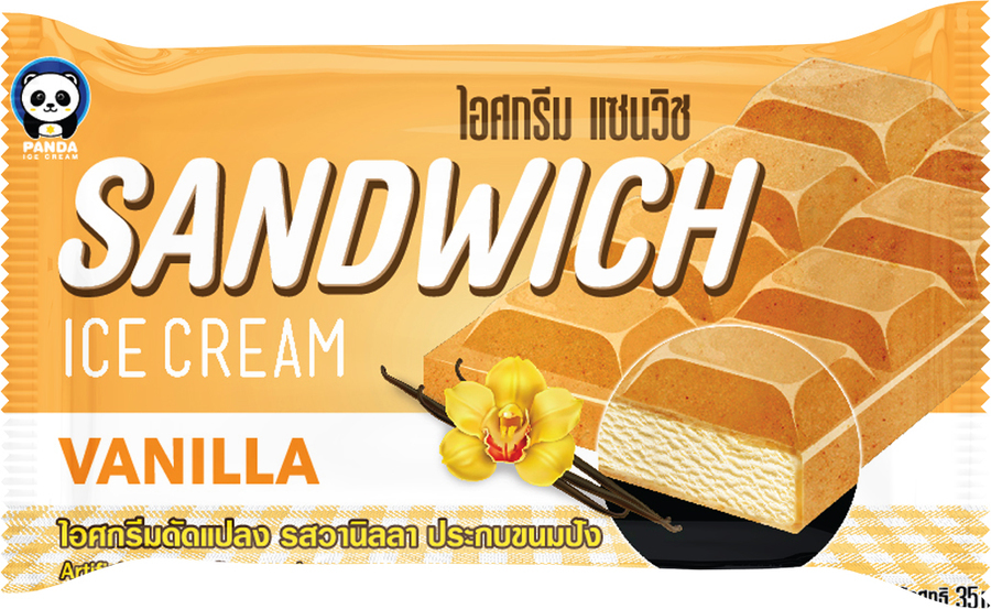 ไอศกรีมดัดแปลงรสวานิลลาประกบด้วยขนมปัง