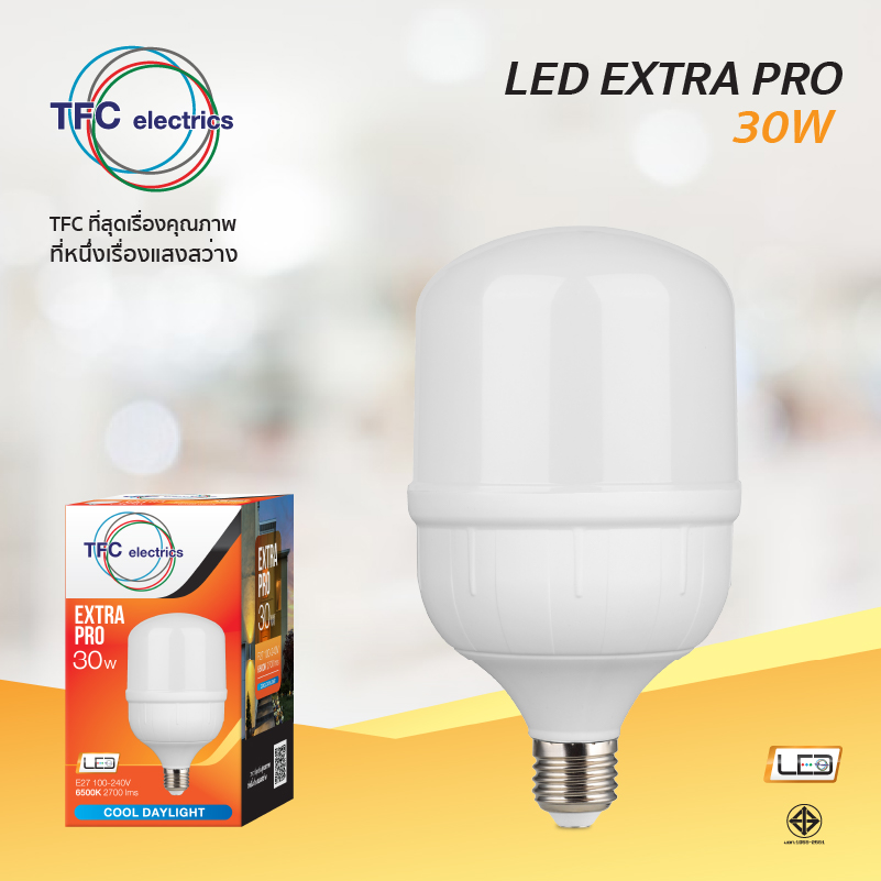 หลอด LED EXTRA PRO 30W  ให้แสงสว่างมากเพียงหลอดเดียวสว่างทั่ว แต่ประหยัดไฟกว่า 85% เหมาะกับการใช้งานในสถานที่ ที่ต้องการแสงสว่างมากเป็นพิเศษ เช่น โรงงาน อาคารที่มีเพดานสูง ควรใช้งานร่วมกับโคม High Bay (โคมฝาชี) ใช้แทนหลอดแสงจันทร์ได้ มีให้เลือกทั้งแสงคูลเดย์ไลท์ และแสงวอร์มไวท์