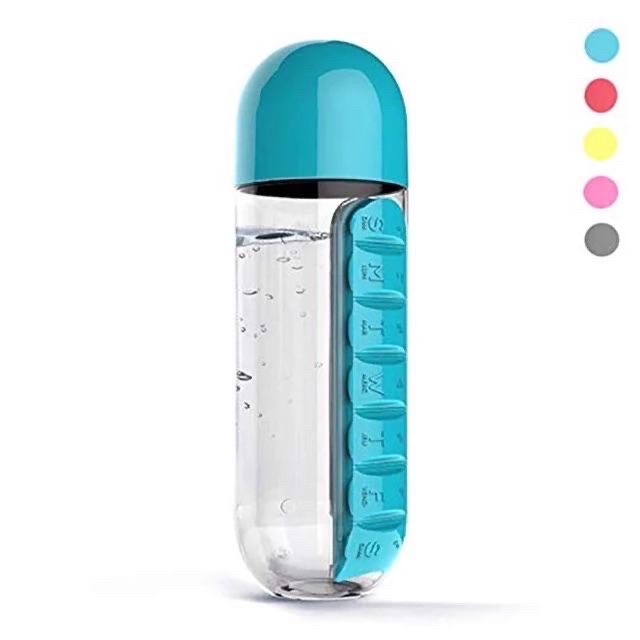 61608 กระบอกน้ำแบบพกพา พร้อมตลับใส่ยา 7 วัน สีฟ้า