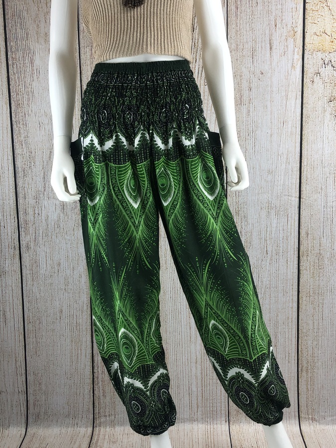 L/Kraft4Life | Women Smocked Waist Baggy Bohemian Boho Hippie Clothes Yoga Harem Bangkok Pants Palazzo Casual Pants	