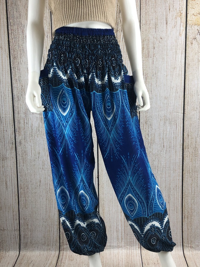 L/Kraft4Life | Women Smocked Waist Baggy Bohemian Boho Hippie Clothes Yoga Harem Bangkok Pants Palazzo Casual Pants