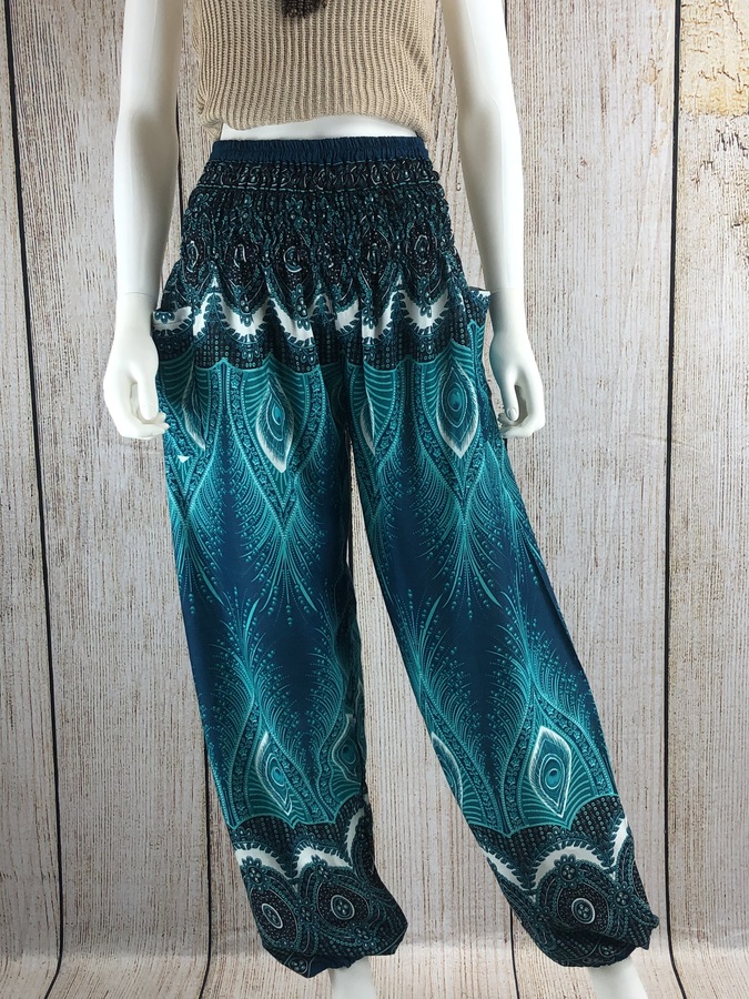 L/Kraft4Life | Women Smocked Waist Baggy Bohemian Boho Hippie Clothes Yoga Harem Bangkok Pants Palazzo Casual Pants