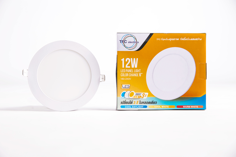 โคมดาวน์ไลท์ LED Panel Light Color Change 6 นิ้ว เปลี่ยนสีได้ ขนาด 12w หน้ากลม TFC เปิดสวิตซ์ครั้งที่ 1 โคมจะเริ่มต้นที่แสงเดย์ไลท์ 6500K เปิดสวิตซ์ครั้งที่ 2 โคมจะเปลี่ยนเป็นแสงวอร์มไวท์ 3000K เปิดสวิตซ์ครั้งที่ 3 โคมจะเปลี่ยนเป็นแสงคูลไวท์ 4000K ถ้าต้องการกลับมาที่ค่าเริ่มต้น เพียงปิดสวิตซ์รอ 10 วินาที แล้วเปิดใหม่ สามารถต่อเข้ากับไฟตรง 220v ได้ทันที เหมาะสำหรับที่พักอาศัยทั่วไป โรงแรม รีสอร์ท อพาร์ทเม้นท์ เป็นต้น