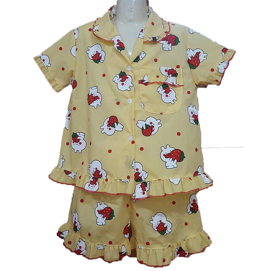 ชุดนอนเด็กเสื้อ+กางเกงระบายลายกระต่าย สีเหลือง