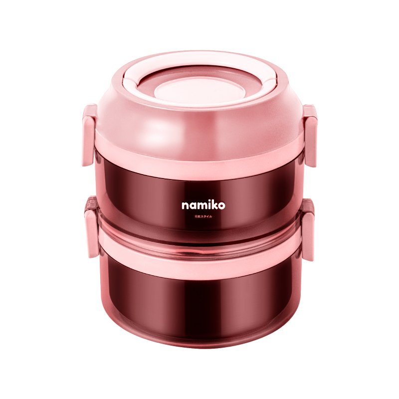 Namiko ปิ่นโตทรงกลมฝาล็อค 2ชั้น 1600ml - สีชมพูเข้ม