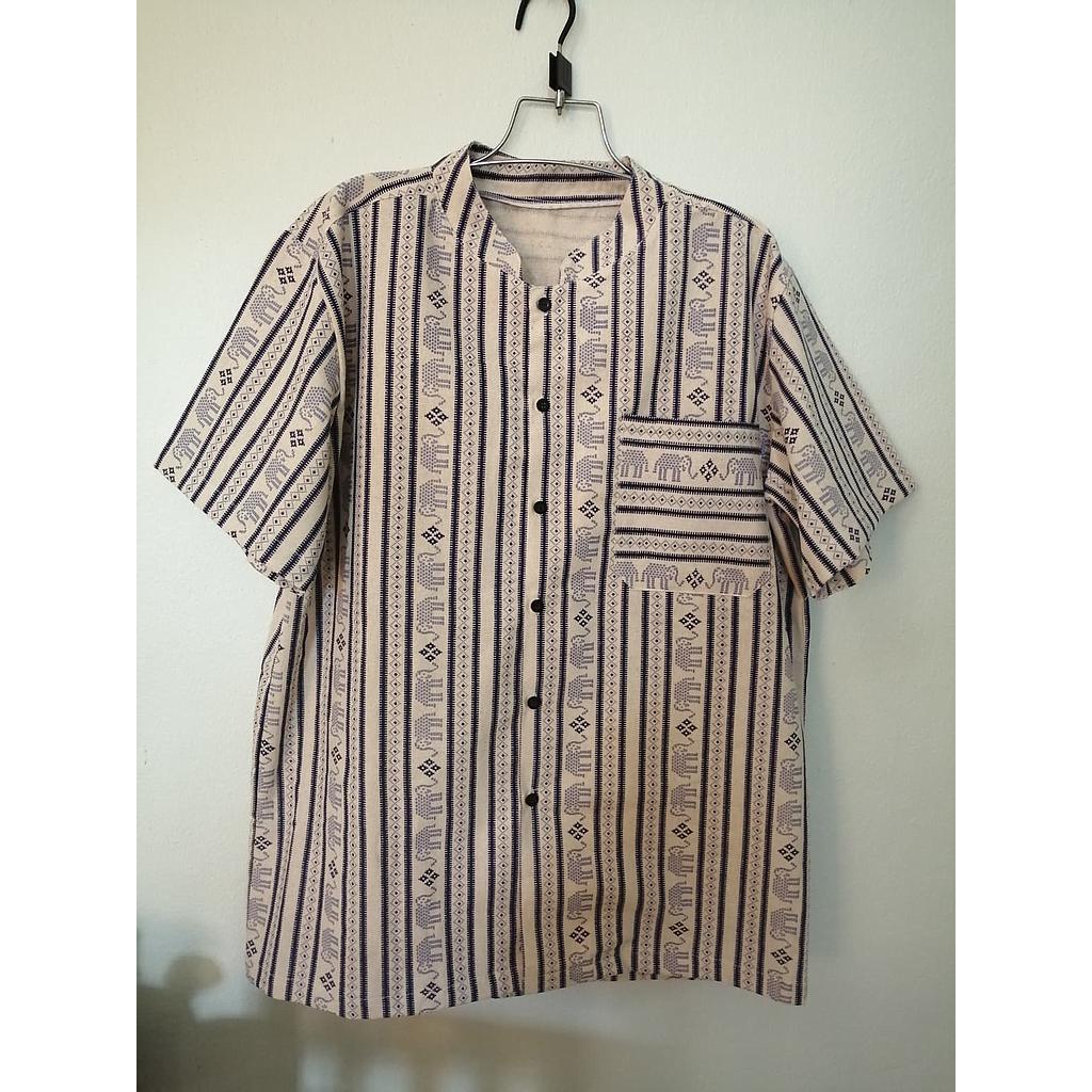 เสื้อผู้ชายผ้าฝ้ายคอจีนลายช้าง สีครีม