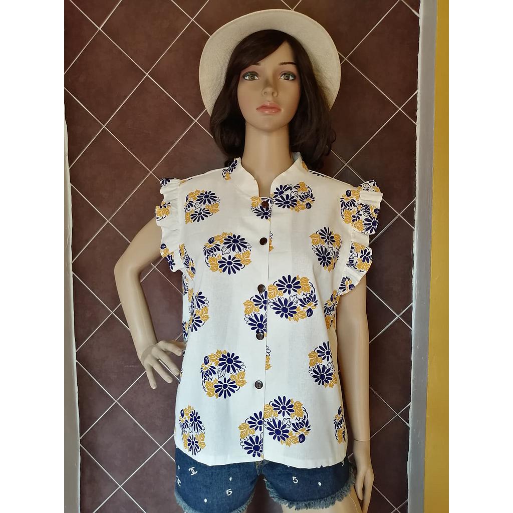 เสื้อแฟชั่นผ้าฝ้ายคอจีนแขนกุด สีขาว