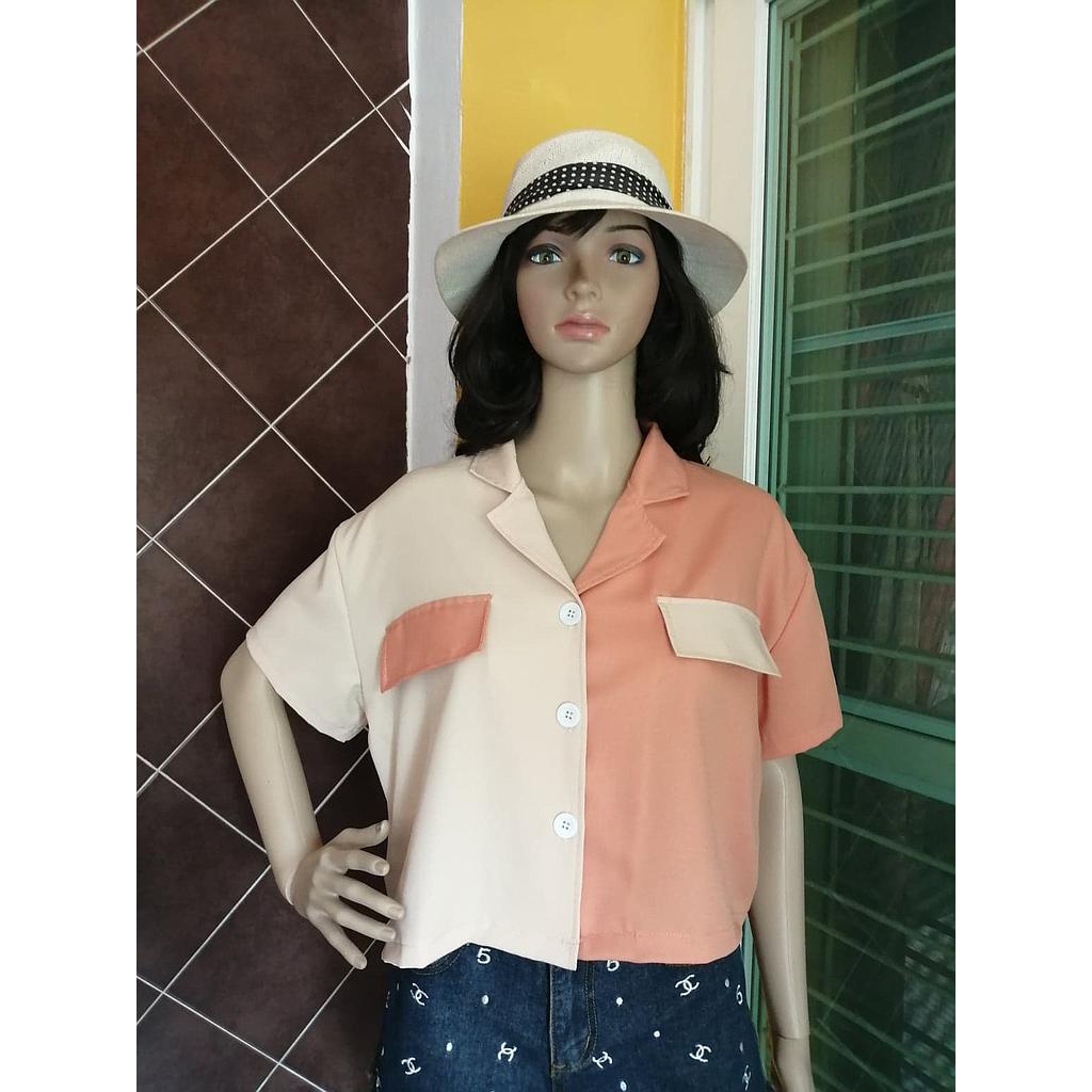 เสื้อครอปทูโทนสีครีม-ส้ม